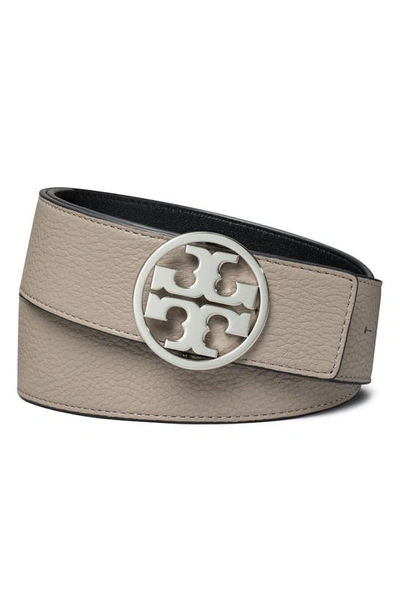 Tory Burch Miller Reversible Logo Belt In Gray Heron / Black / Silver