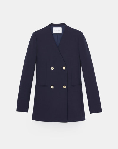 Lafayette 148 Petite Responsible Wool Collarless Double-breasted Blazer In Navy