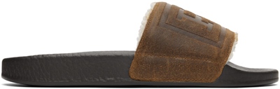 Polo Ralph Lauren Faux-shearling Logo Slide Sandals In Brown