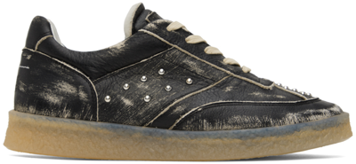 Mm6 Maison Margiela Sneakers Mm6 Black Distressed Leather Low Sneaker With Metal Studs.