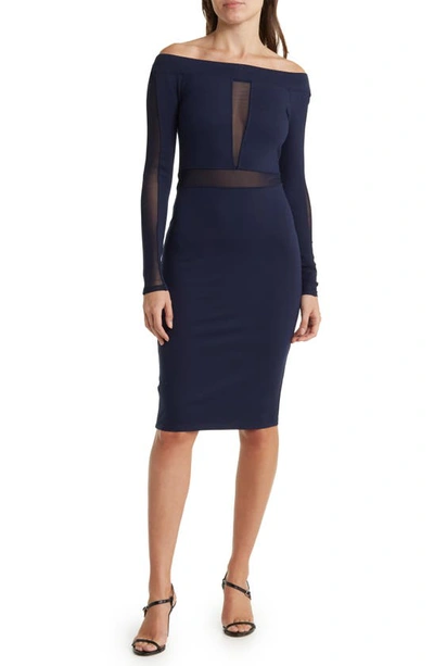 Love By Design Off-the-shoulder Mesh Panel Bodycon Dress In Blue