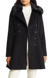 VIA SPIGA DOUBLE BREASTED SKATER FAUX FUR COLLAR WOOL BLEND COAT
