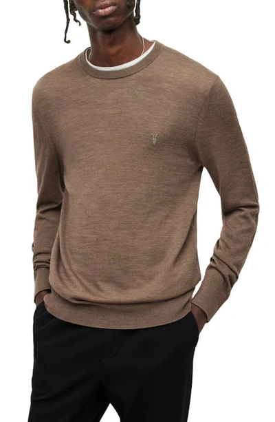 Allsaints Mode Merino Wool Embroidered Logo Regular Fit Crewneck Sweater In Light Coco Brown Marl