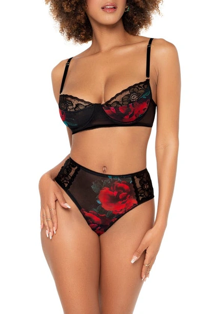 Mapalé Floral Lace Trim Underwire Bra & Panties Set In Black Flower