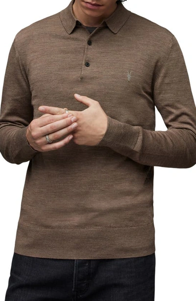 Allsaints Mode Long Sleeve Wool Polo In Light Coco Brown Marl