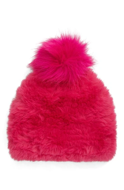 Jocelyn Faux-fur Knit Beanie W/ Pompom In Hot Pink