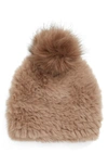 Jocelyn Faux Fur Beanie With Pom In Palomino