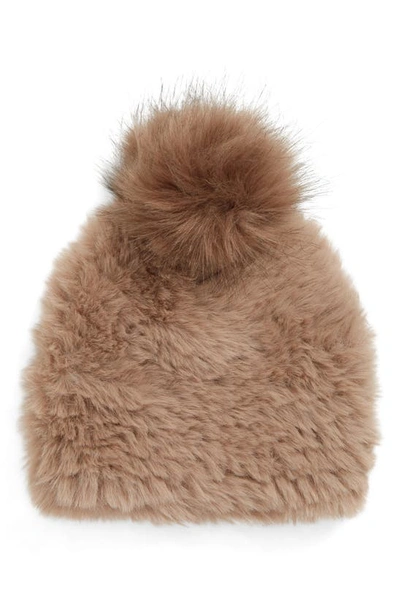 Jocelyn Faux Fur Beanie With Pom In Palomino