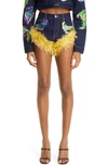 AREA EMBROIDERED FEATHER MOHAIR TRIM DENIM HOT SHORTS