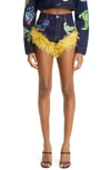 Area Mohar Fur Trim Hot Denim Shorts In Dark Indigo