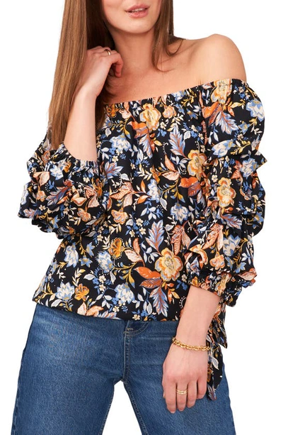Vince Camuto Floral Off The Shoulder Bubble Sleeve Blouse In Rich Black