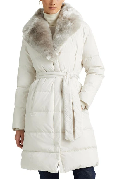 Lauren Ralph Lauren Belted Faux Fur Collar Down & Feather Fill Puffer Coat In Cream
