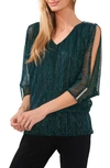 Chaus Metallic Split Sleeve Blouse In Dazzling Jade
