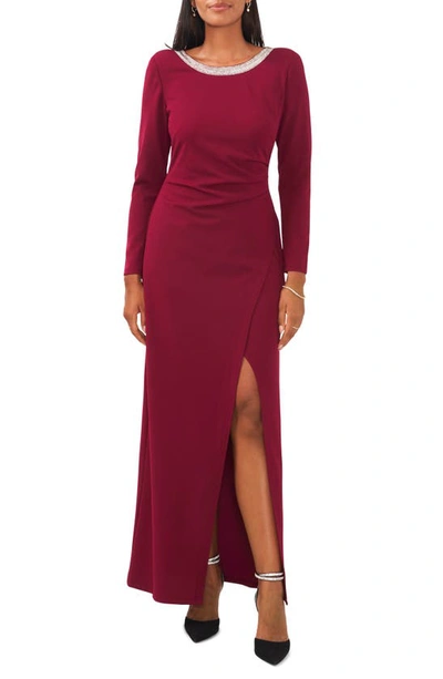 Chaus Crystal Detail Long Sleeve Gown In Majestic Wine