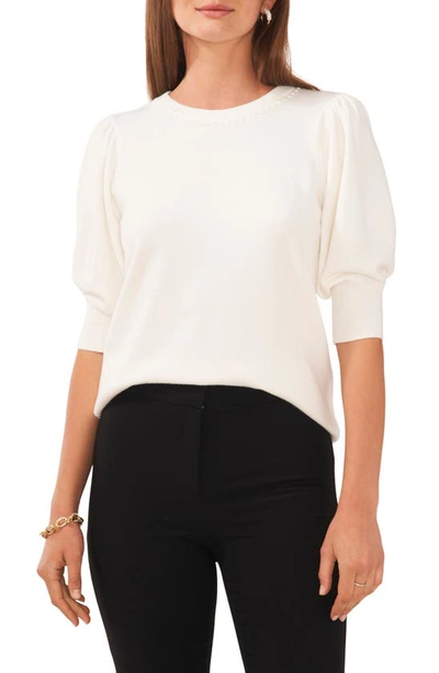 Chaus Beaded Collar Puff Sleeve Sweater In Antique White