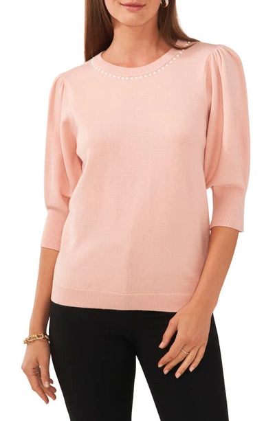 Chaus Beaded Collar Puff Sleeve Sweater In Misty Pink