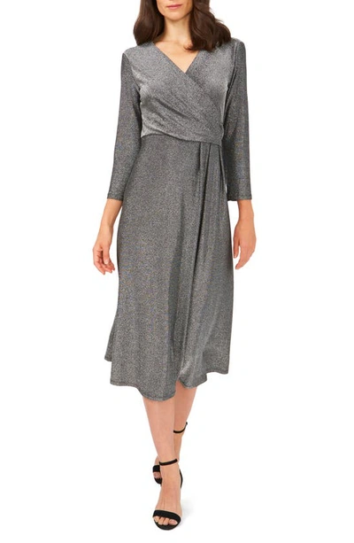 Chaus Long Sleeve Faux Wrap Midi Dress In Black/ Silver