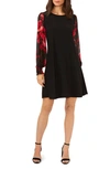 Chaus Mixed Media Floral Long Sleeve Sheath Minidress In Black/ Wine/ Pink