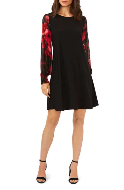 Chaus Mixed Media Floral Long Sleeve Sheath Minidress In Black/ Wine/ Pink