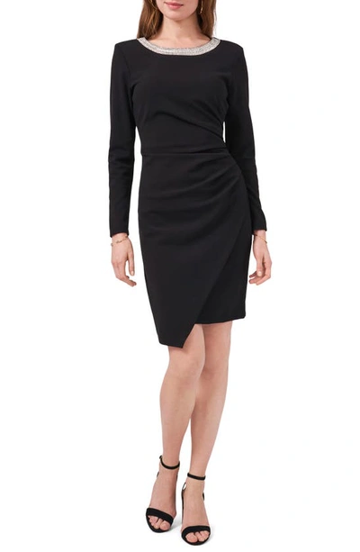 Chaus Beaded Neckline Long Sleeve Sheath Dress In Black