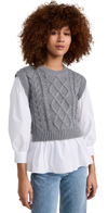 English Factory Mixed Media Cable Detail Sweater In Heather Gray/white