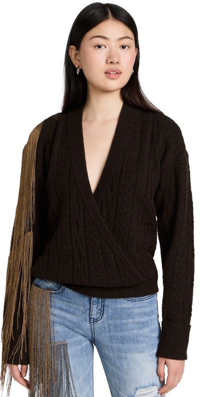 Hellessy Marvelle Metallic Fringe Cold-shoulder Wrap Sweater In Chocolate
