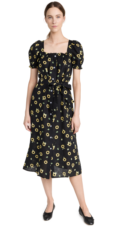 Sleeper Midi Linen Dress Brigitte In Sunflowers In Sunflower Yellow And Black