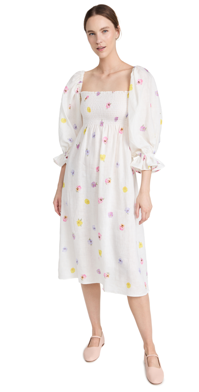 Sleeper Atlanta Pansies Print Linen Midi-dress In Pansies Multi