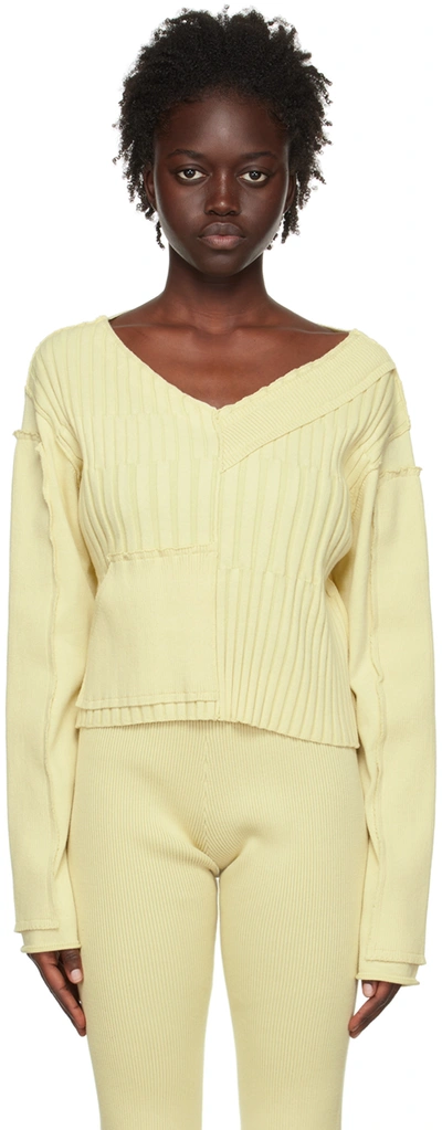 Perverze Off-white Multi Rib V-neck Sweater In Cream