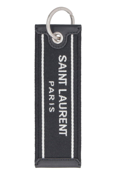 Saint Laurent Nastro Logo Canvas And Leather Keyring In Bianco Nero