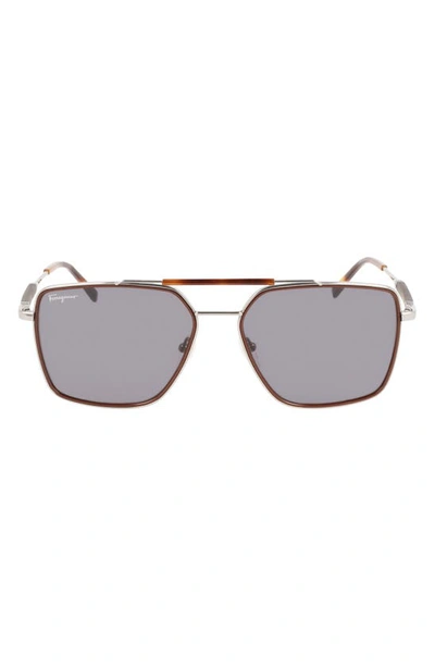 Ferragamo 59mm Rectangular Sunglasses In Dark Ruthenium/ Brown