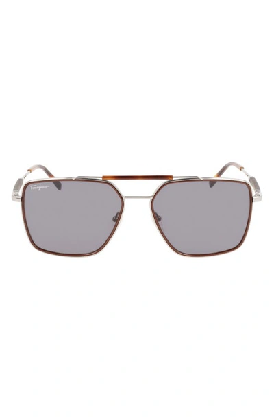 Ferragamo 59mm Rectangular Sunglasses In Dark Ruthenium/br