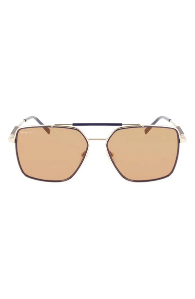 Ferragamo 59mm Rectangular Sunglasses In Gold/ Blue