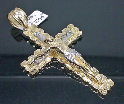 Pre-owned Gold And Diamond 10k Real Yellow Gold Nugget Cross Charm Diamond Cut Men Ladies Unisex