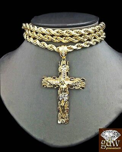 Pre-owned Globalwatches10 Real 10k Yellow Gold 28" Inch Rope Chain Necklace Cross Pendant Charm