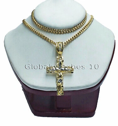 Pre-owned Globalwatches10 10k Yellow Gold Jesus Cross With 5mm 26" Miami Cuban Chain Necklace