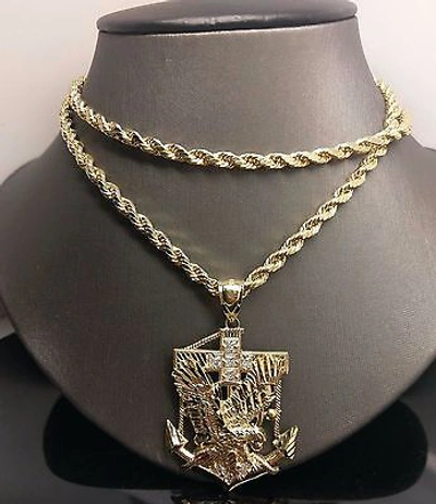 Pre-owned Globalwatches10 Men's 10k Yellow Gold 24 Inch Rope Chain 10k American Eagle Anchor Charm