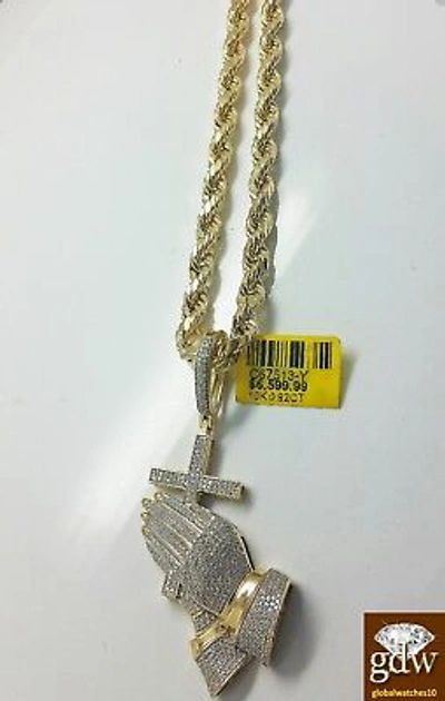 Pre-owned Globalwatches10 Real 10k Yellow Gold & Diamond Guardian Praying Hand With 24 Inches Rope Chain. In G-i