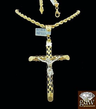 Pre-owned G&amp;d Real 10k Yellow & White Gold Jesus Charm/pendant With 24 Inch, 4mm Rope Chain.