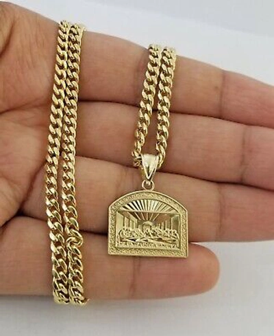 Pre-owned Globalwatches10 Real 10 K Gold Last Supper Charm Miami Cuban Chain 4mm 24" Necklace Pendant Set In Yellow
