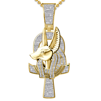 Pre-owned Us Diamond King Real Genuine Diamond Egyptian Ankh Cross Anubis Death God Pharaoh Charm Pendant In Yellow Gold Finish