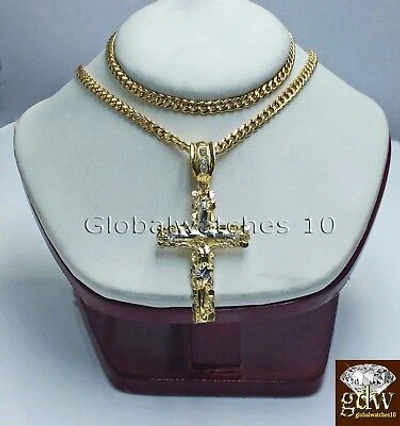 Pre-owned Globalwatches10 10k Yellow Gold Jesus Cross Charm Pendant 10k 22" Miami Cuban Chain Set Real