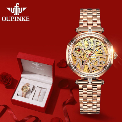 Pre-owned Oupinke G3175w Luxury Automatic Skeleton Transparent Women Mechanical Wristwatch In Steel Rose Gold