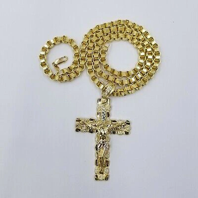 Pre-owned Globalwatches10 10k Gold Byzantine 24" Necklace Jesus Nugget Cross Pendant 3" Charm 5mm Chain