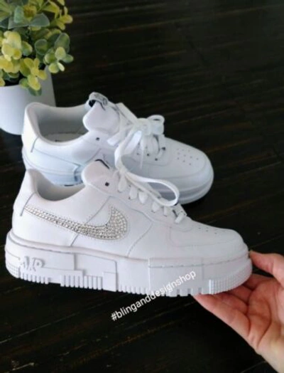 Pre-owned Swarovski Womens Nike Air Force 1 Pixel White Sneakers Shoes Made With  Crystals
