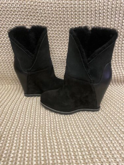 Pre-owned Ugg Classic Mondri Cuff Black Leather 4" Wedge Boots Booties Us 10 Women
