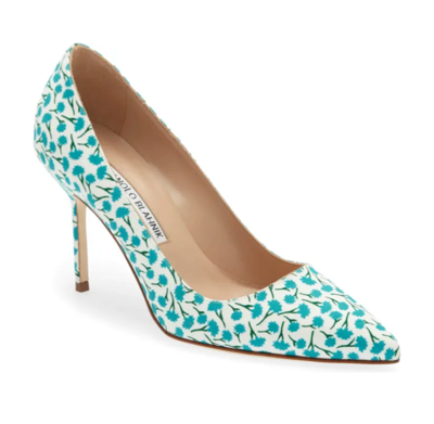 Pre-owned Manolo Blahnik Bb 90 Pointy Toe Pump Size 8 38 Eu Blue White Fabric Floral In Multicolor