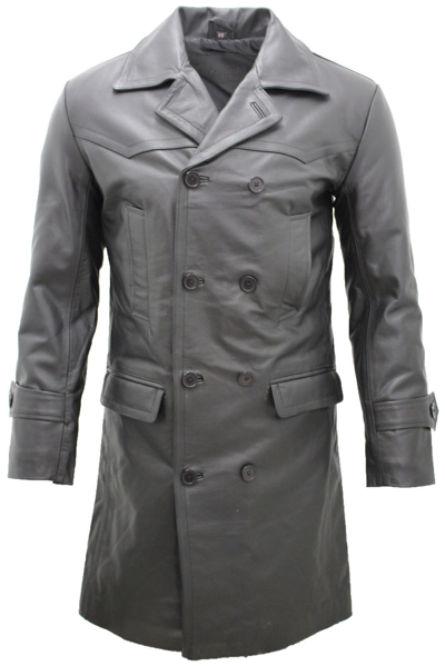 Pre-owned Infinity Mens Classic Black Uboat German Naval Military Pea Coat Cowhide Leather Jacket