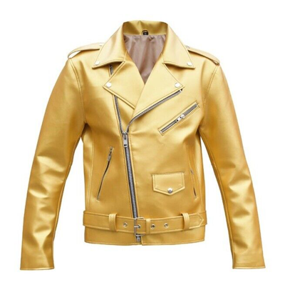Pre-owned Xpertleather Mens Gothic Moto Vinyl Motorcycle Gold Punk Fetish Biker Jacket Xpl04 In Yellow