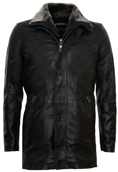 Pre-owned Infinity Men's Black Leather Jacket Classic Removable Collar Mid Length Warm Overcoat